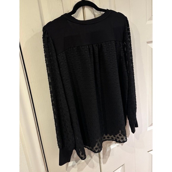 Skies Are Blue Black Knit Clip Dot Sheer Back Chiffon Sleeves Button Cuff Blouse - Picture 7 of 12